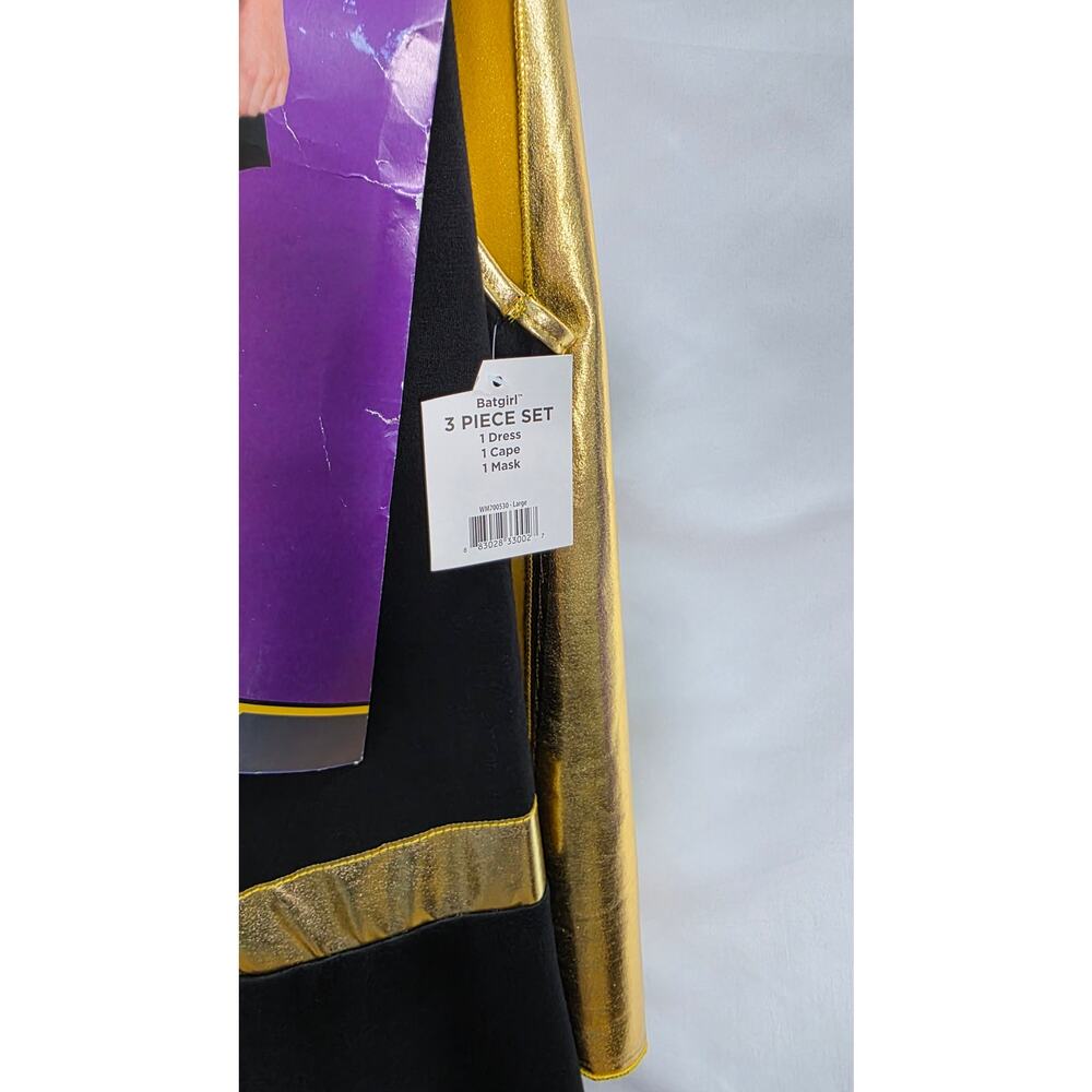 DC Batgirl Costume Women's Large 12-14 Black Gold Dress Cape Mask 3 Pc - Picture 10 of 12